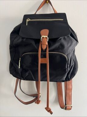 Roots 73 Black Nylon Flap Backpack Gold Hardware Brown Leather Trim Rucksack